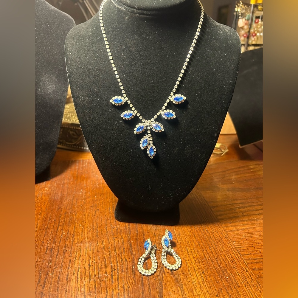 Vintage 1950's Rhinestone & Blue Crystal Necklace & Earring Set